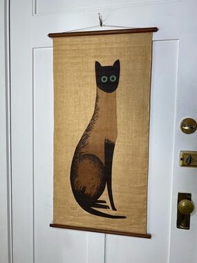 Vintage MCM Mid Century Modern Handprinted Stell Siamese Cat Wall Hanging Linen